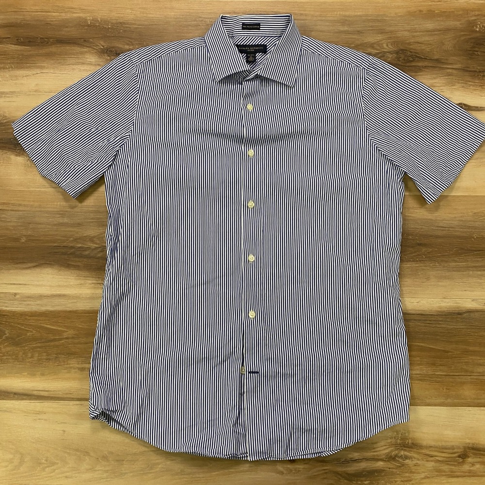 Banana Republic Shirt Mens M Blue White Striped Cotton Fitted Short Sleeve